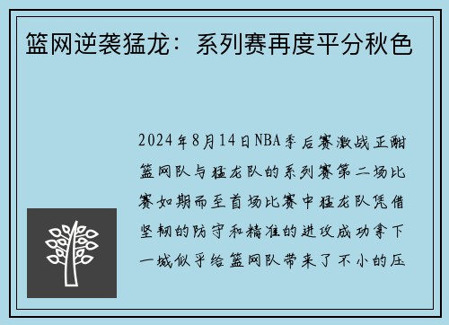篮网逆袭猛龙：系列赛再度平分秋色